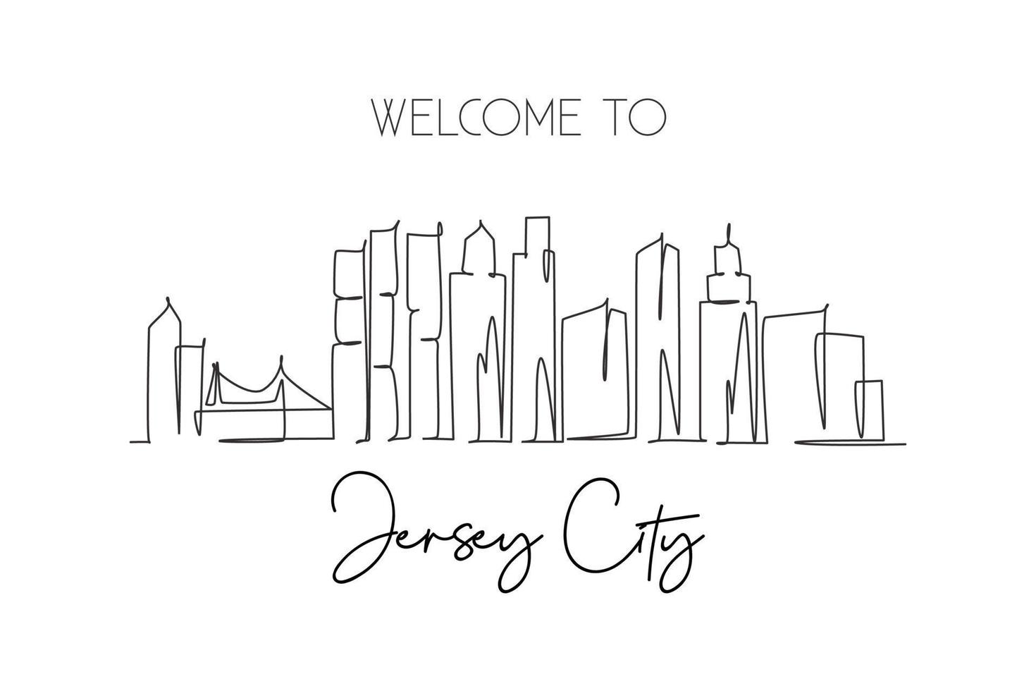One continuous line drawing of Jersey City skyline, New Jersey. Beautiful landmark. World landscape tourism travel home wall decor poster print. Stylish single line draw design vector illustration