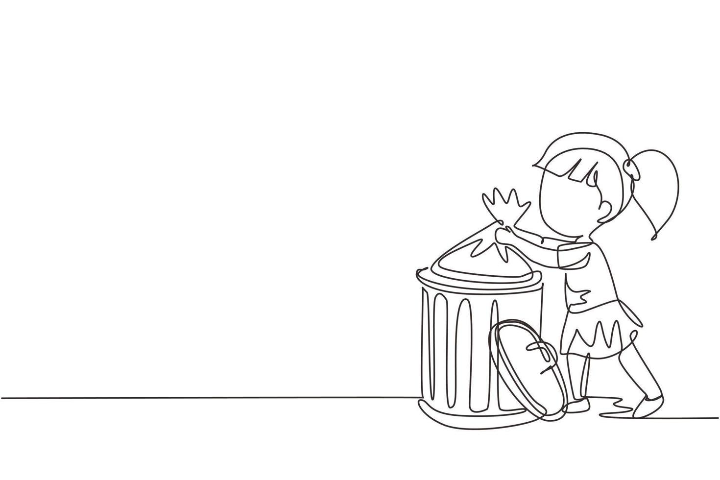 Single continuous line drawing little girl taking out the trash. Kids doing housework chores at home concept. Ecology themed. Eco education. Kid activities. Dynamic one line draw graphic design vector