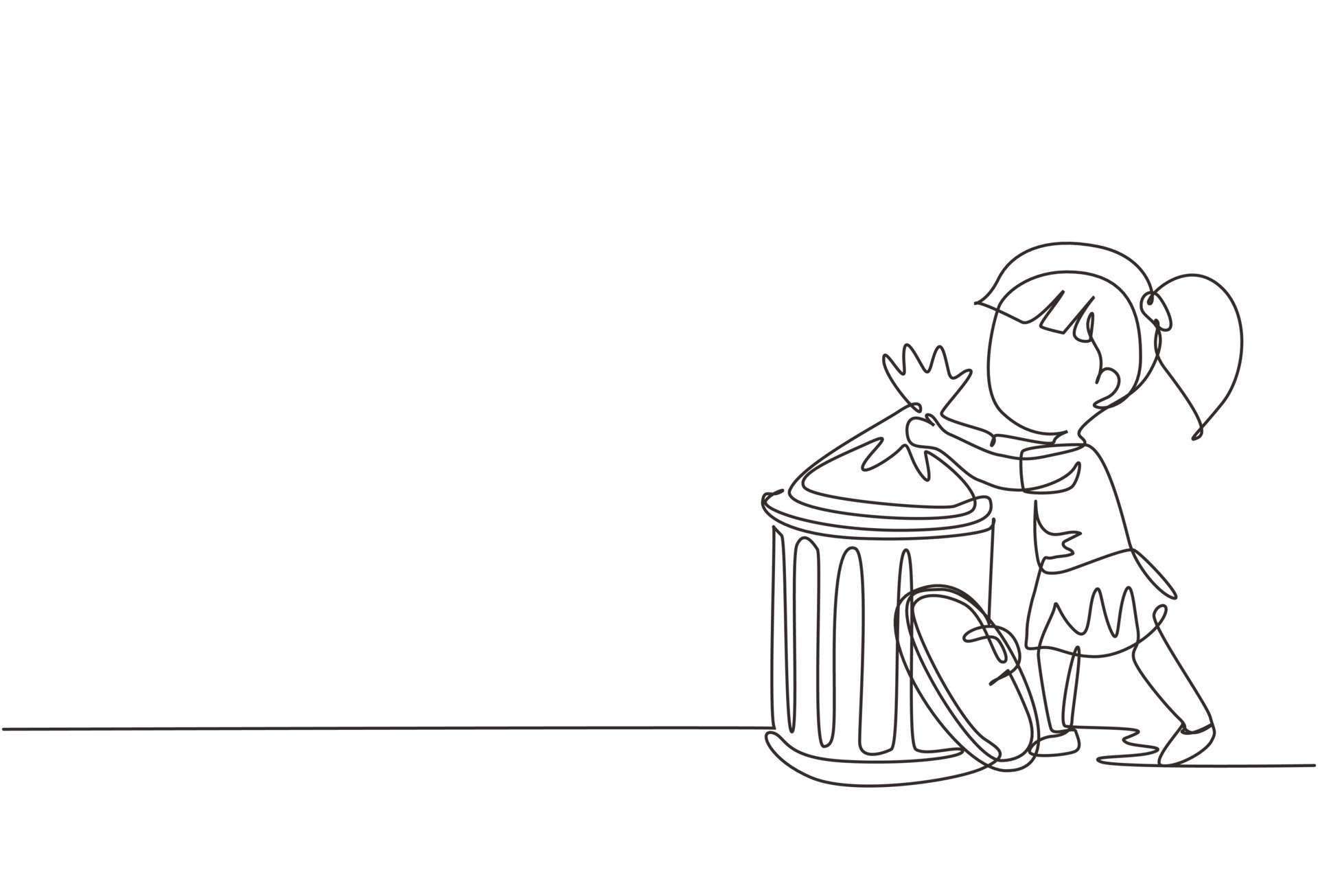 Single continuous line drawing little girl taking out the trash kids