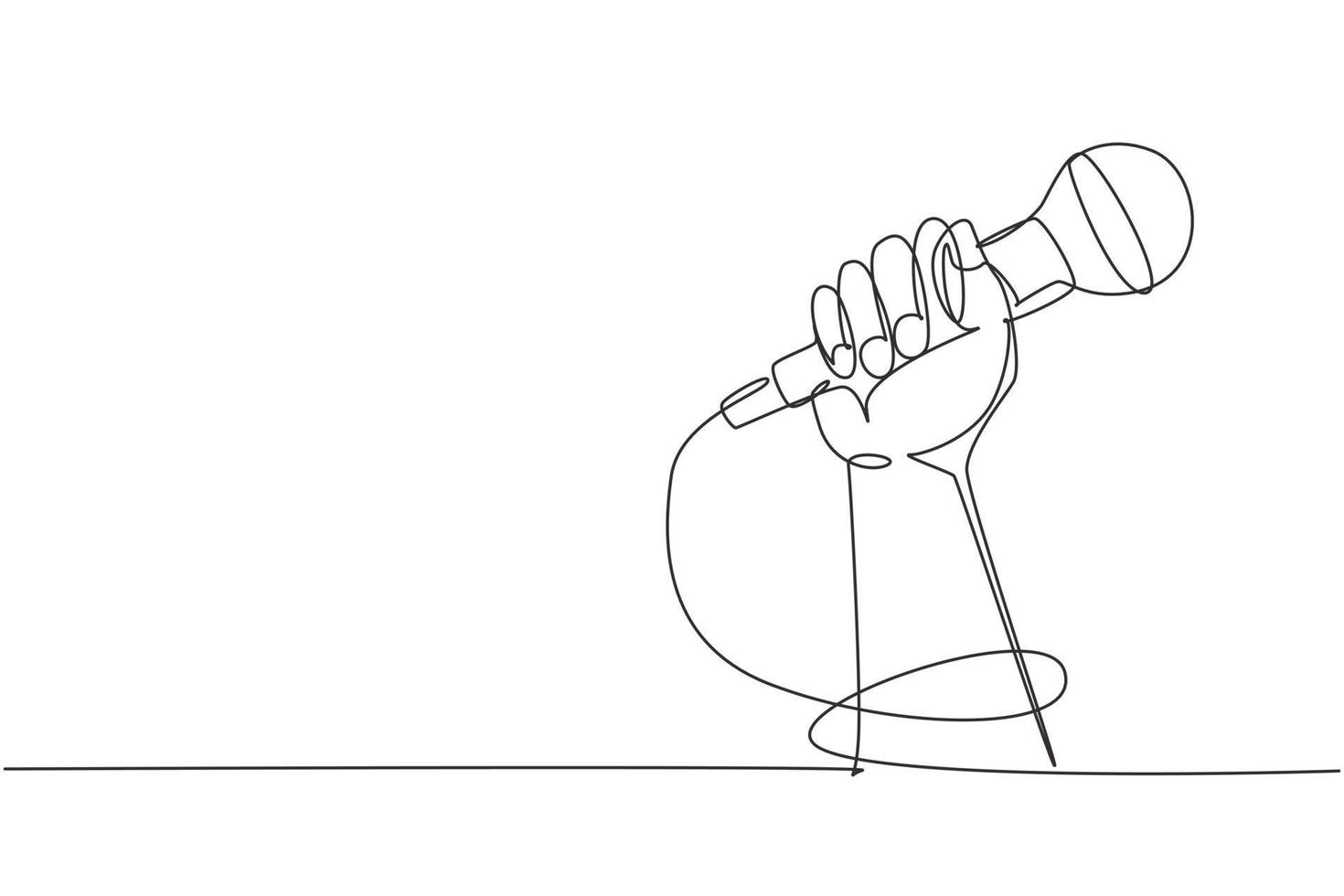 Single continuous line drawing microphone in hand, hand holding microphone in fist. Rock hand gesture holding microphone. Rock and roll music live. One line draw graphic design vector illustration