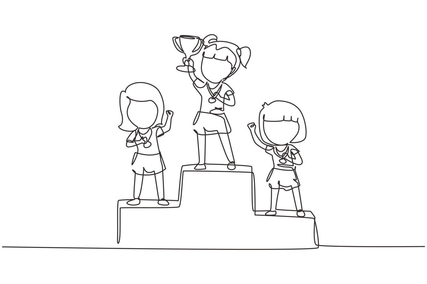 Single continuous line drawing cute girl standing on podium as sport competition winner. Championship celebration. Happy cute kid win game gold trophy. One line draw graphic design vector illustration