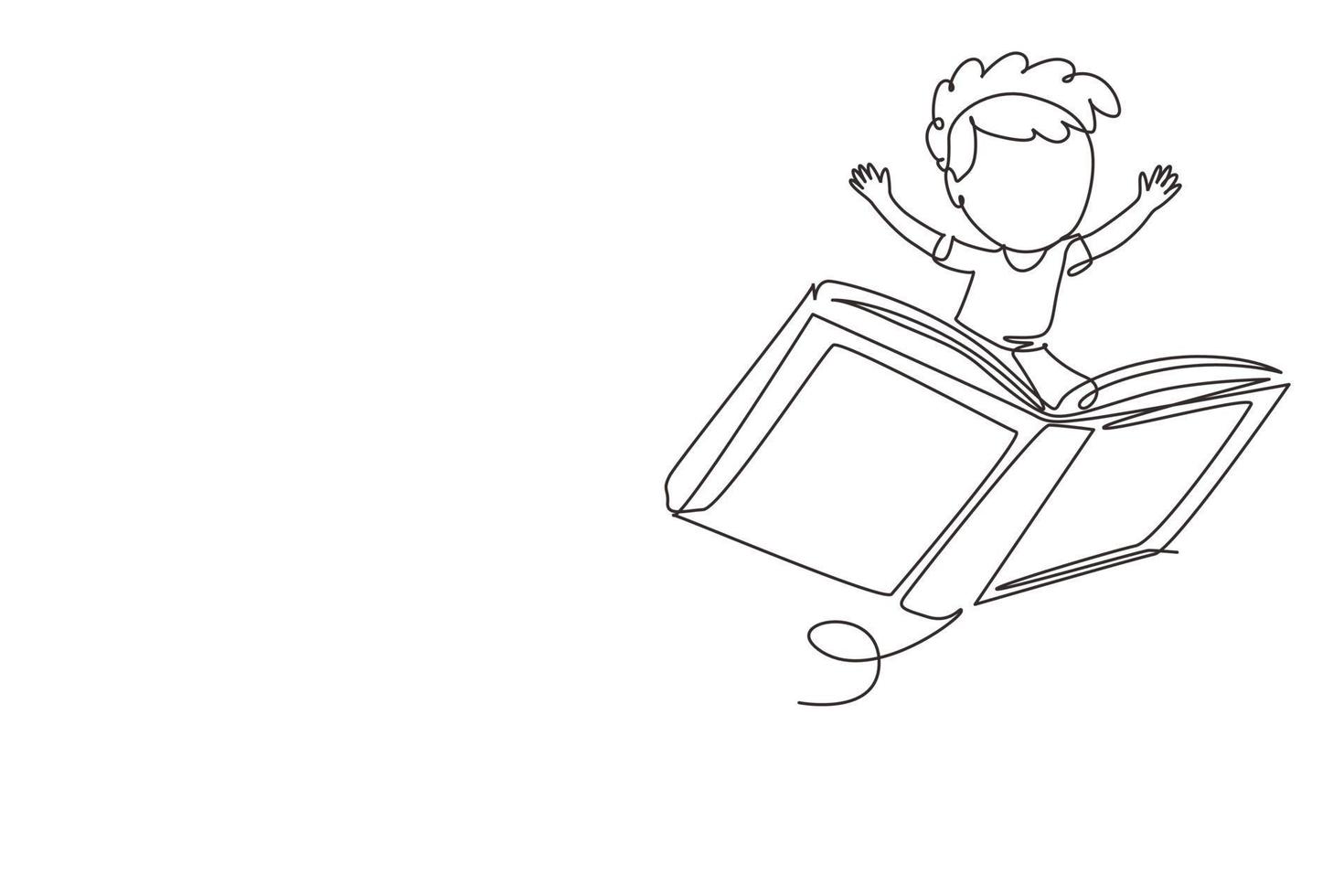 Continuous one line drawing happy smiling preschooler kid boy flying on big open book. Children riding magical flying book. Knowledge power concept. Single line draw design vector graphic illustration