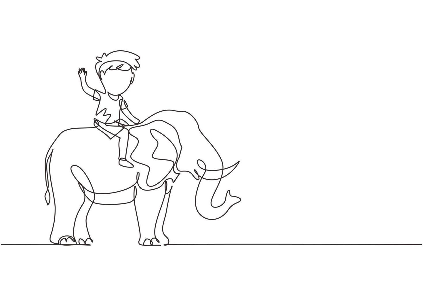 Single one line drawing happy little boy riding elephant. Child sitting on back elephant and travelling. Kids learning to ride elephant. Modern continuous line draw design graphic vector illustration