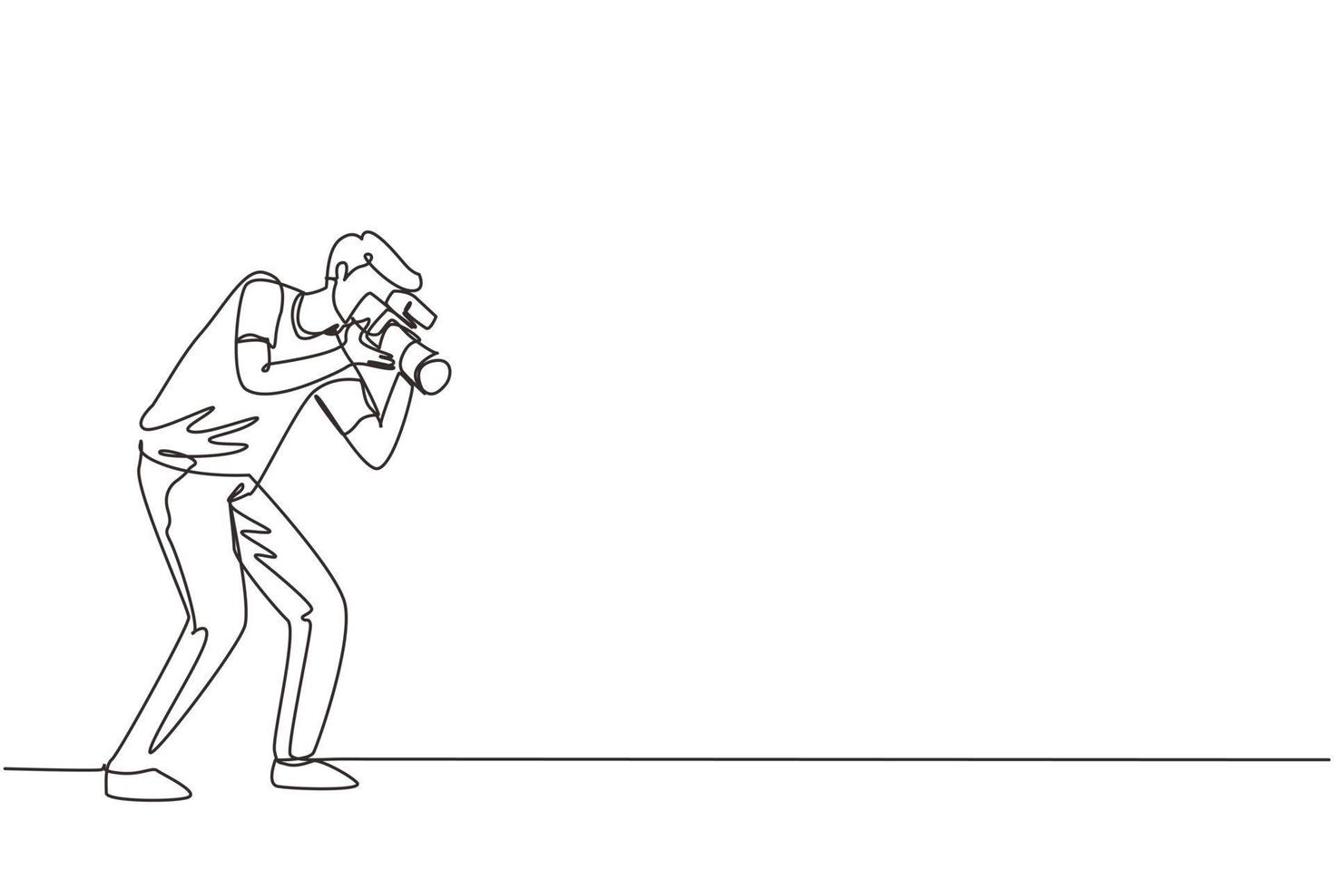 Single continuous line drawing funny professional photographer with camera taking photo with pose. Photographer character with camera digital. Dynamic one line draw graphic design vector illustration