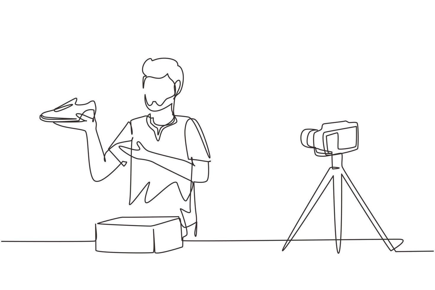 Single one line drawing Arabian male blogger makes video review on camera on topic of sneakers. Online shopping, social media and influencer concept. Continuous line draw design vector illustration