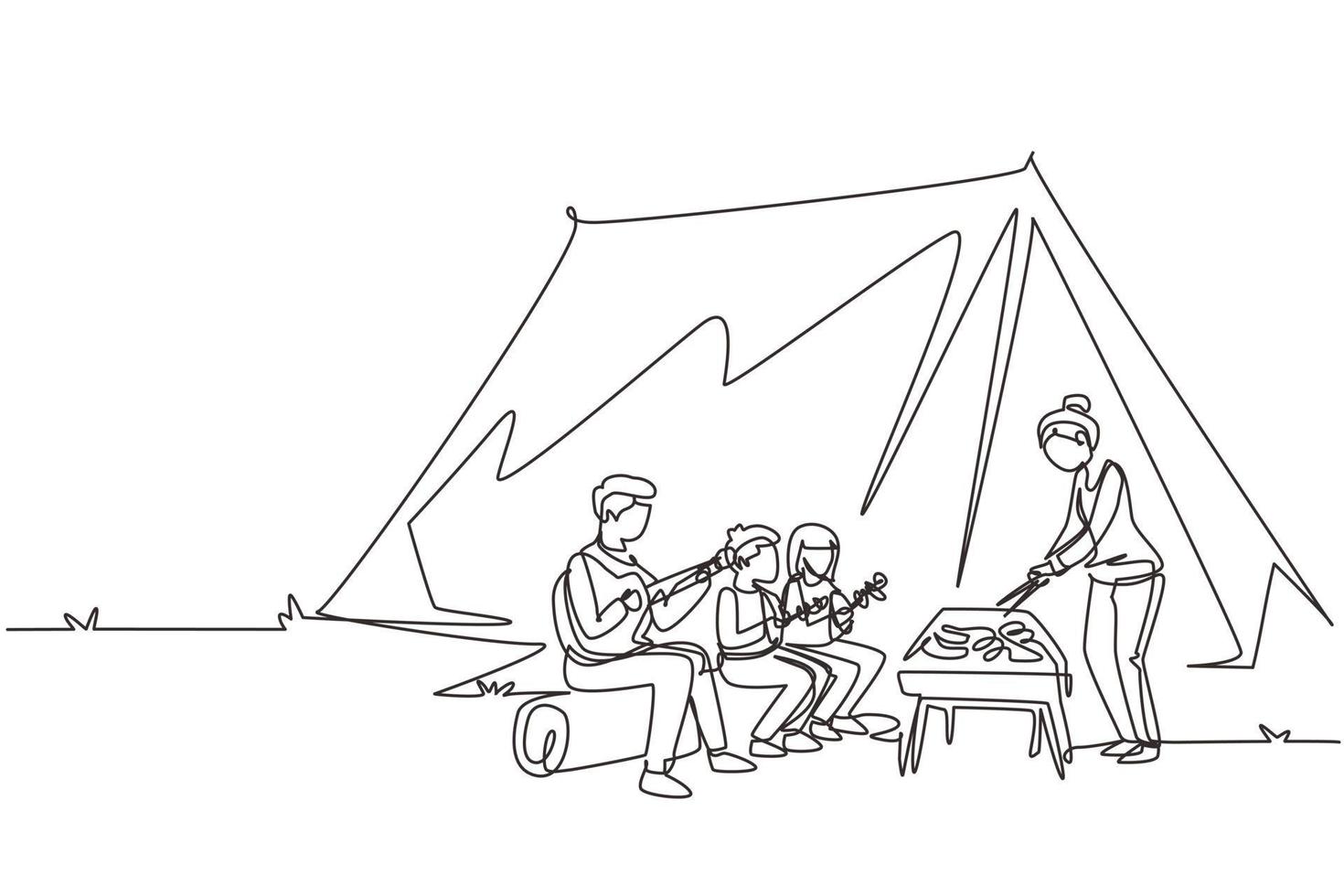 un solo dibujo de línea continua feliz miembro de la familia está haciendo una barbacoa en el camping. padre tocando guitarra, madre e hijos preparando comida para cenar en la naturaleza. ilustración de vector de diseño de dibujo de una línea