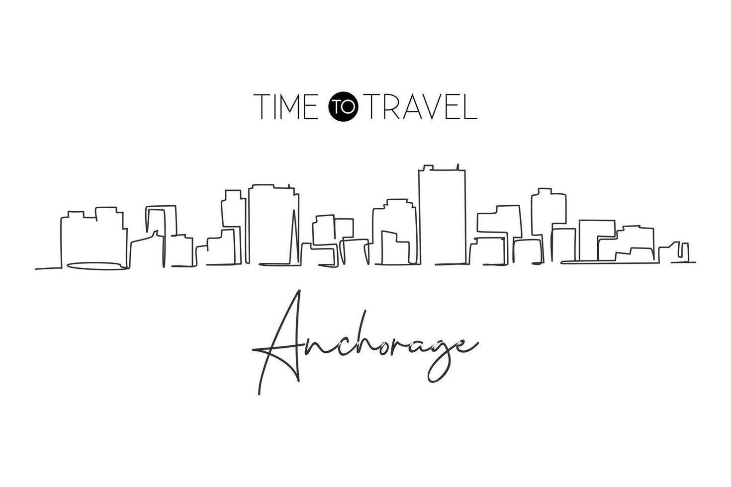 Continuous one line drawing Anchorage city skyline, Alaska. Historical town landscape in the world. Best holiday destination. Editable stroke trendy single line draw design vector graphic illustration
