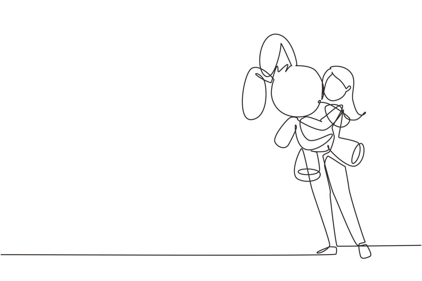 Single continuous line drawing little girl is hugging teddy bear. She is standing at full length and hiding behind toy. The shy beauty child. Dynamic one line draw graphic design vector illustration