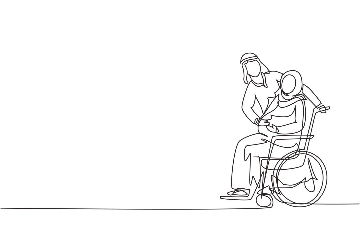 Continuous one line drawing Arabian male touching belly of disabled pregnant woman sitting on wheelchair. Happy family relations, pregnancy, loving people awaiting baby. Single line draw design vector