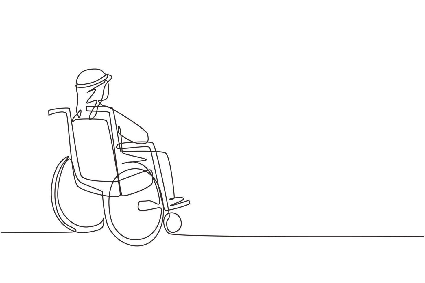 Continuous one line drawing back side of lonely old Arab man sitting on wheelchair, looking at distant dry autumn leaves in outside. Lonely, forlorn, desolate, lonesome. Single line draw design vector