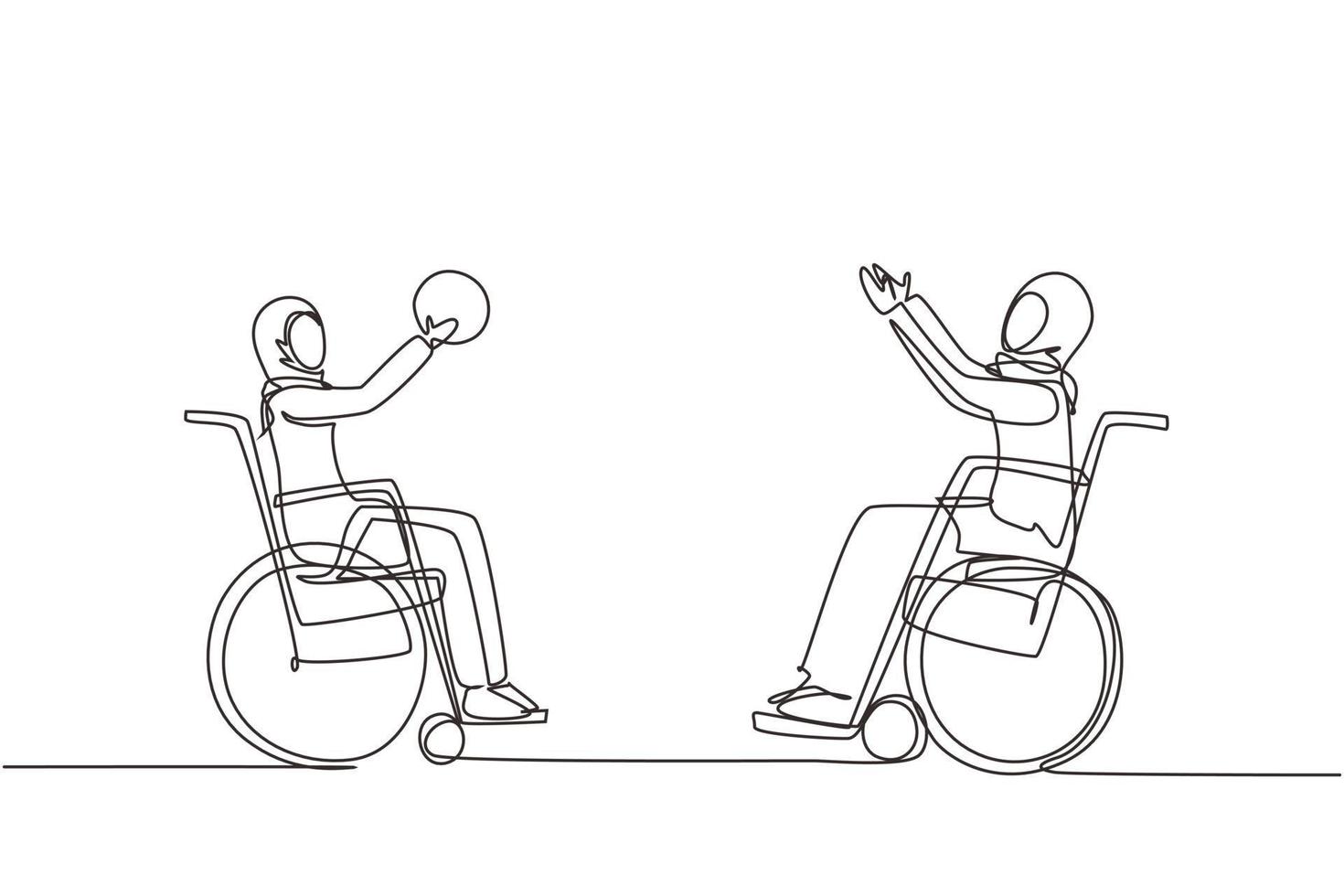 dibujo continuo de una línea alegre mujer árabe discapacitada en silla de ruedas jugando baloncesto. concepto de deportes adaptados para personas con discapacidad. ilustración gráfica de vector de diseño de dibujo de una sola línea