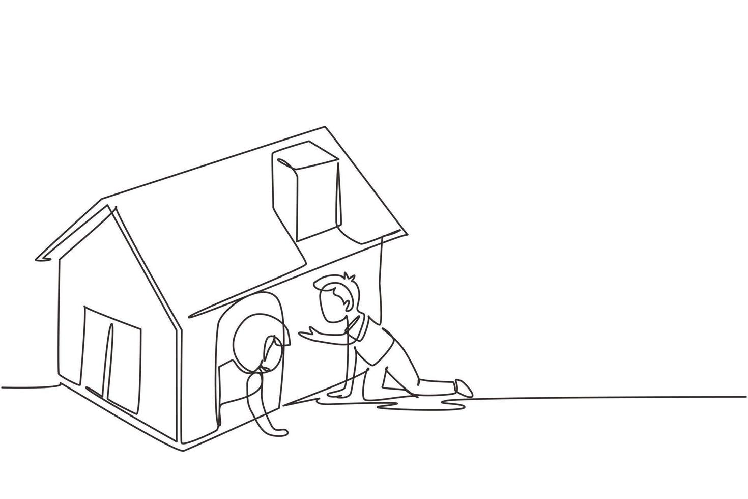 Continuous one line drawing kids playing cardboard box toy house together. Boy and girl playing in and out of toy home. Child sitting in playhouse. Single line draw design vector graphic illustration