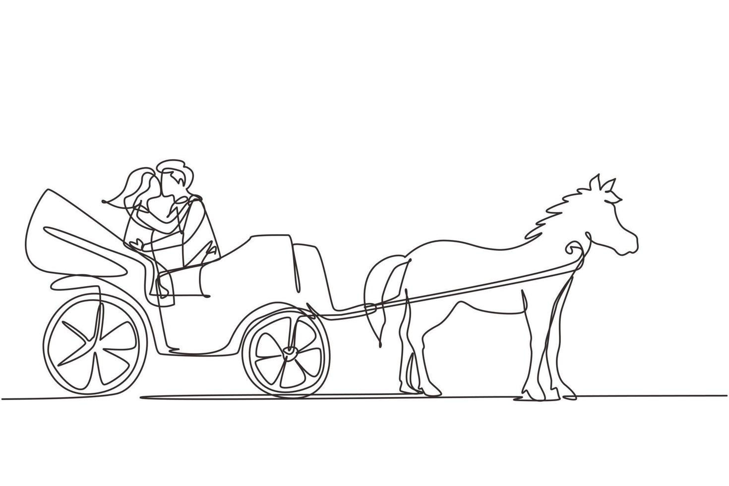 Single one line drawing wedding couple trying kiss each other. Just married. Happiness bride and groom sitting in carriage pulled by horse. Continuous line draw design graphic vector illustration
