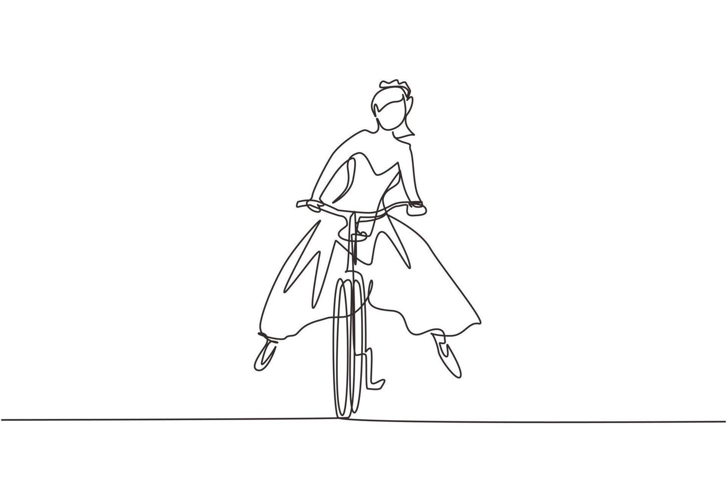 Single continuous line drawing happy young woman wearing wedding dress going to wedding celebration riding bicycle. Ecological, healthy vehicle of transportation. One line draw graphic design vector