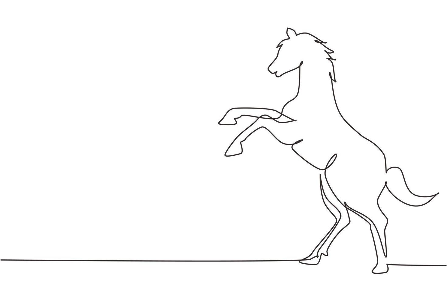 Single continuous line drawing rearing up wild horse. Strong character. Equestrian jumping training. Horse racing logo symbol, equestrian sport badge. One line draw graphic design vector illustration