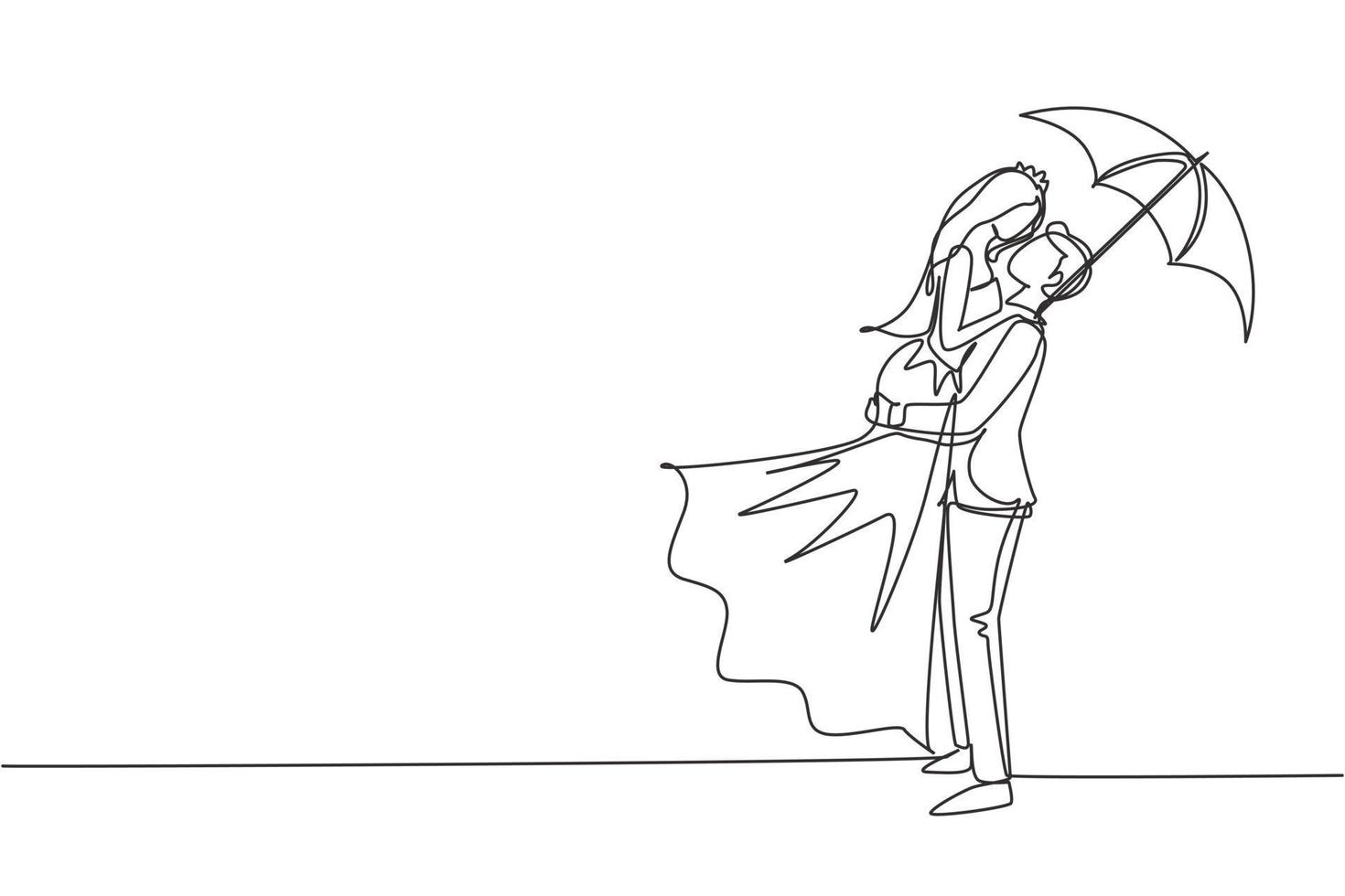 Single one line drawing couple in love under rain with umbrella. Man and woman walking at park and jumping with wedding dress. Married couple romantic relationship. Continuous line draw design graphic vector