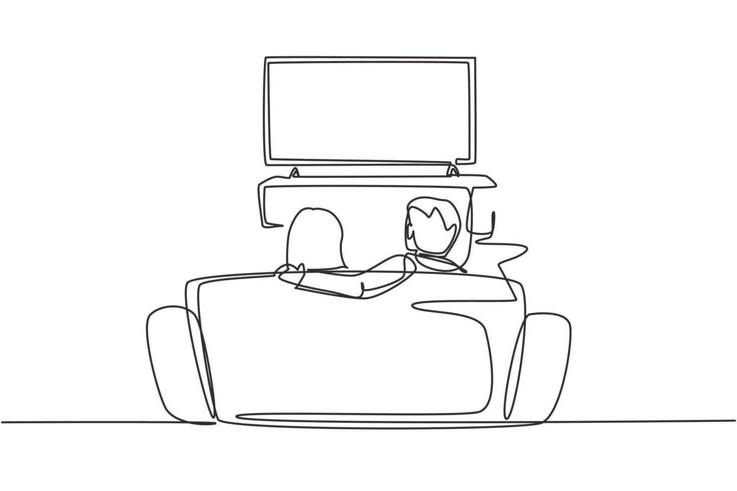 familia de dibujo de una sola línea sentada en el sofá y viendo la televisión en la sala de estar por la noche. salón interior con vista trasera de pareja en el sofá. ilustración de vector gráfico de diseño de dibujo de línea continua