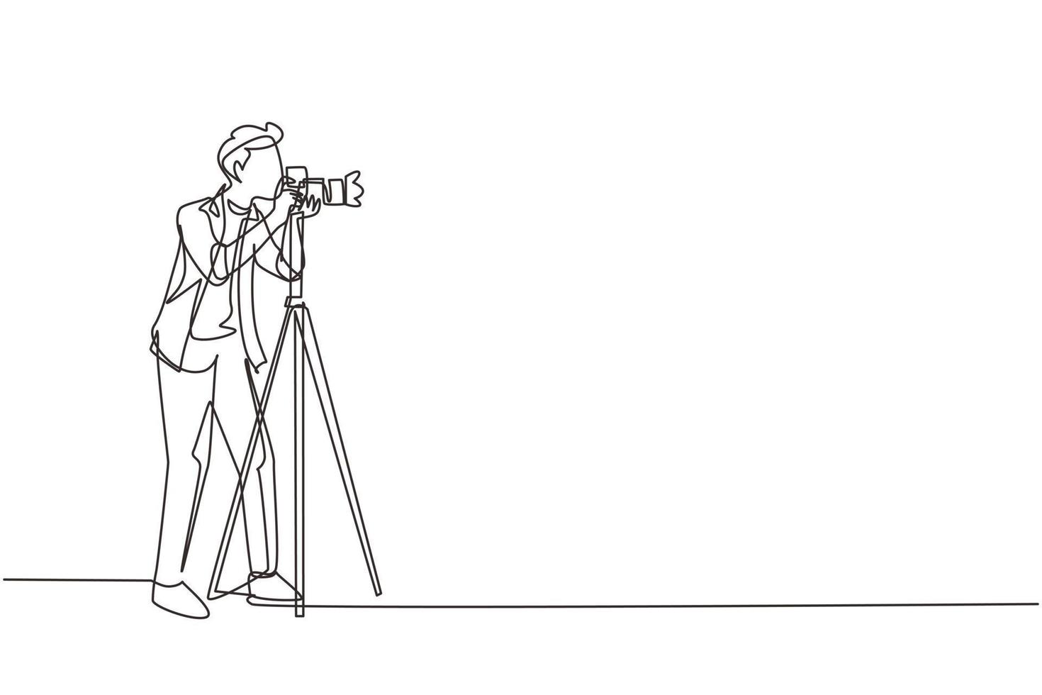 Single continuous line drawing professional photographer with camera pose, male take photo shots, paparazzi, journalist occupation, digital photography hobby. One line draw design vector illustration