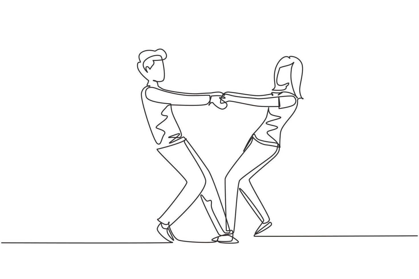 Single continuous line drawing happy cute boy and girl dancing on the floor at home. Romantic young wedding couple holding hands and spinning around. One line draw graphic design vector illustration