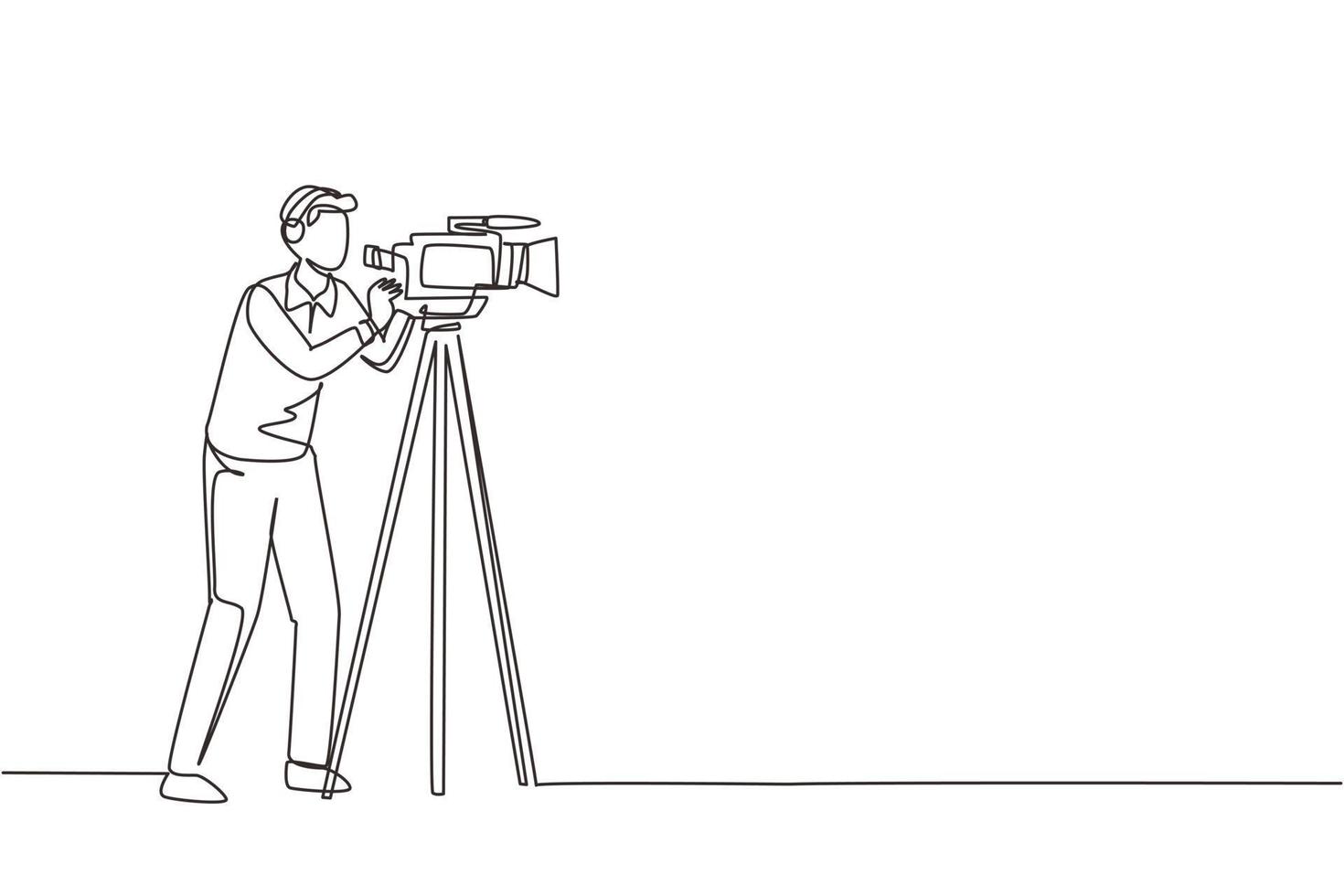 Single one line drawing professional cameraman, operator, videographer with camera. Shooting of movie production, broadcasting news or tv show live. Continuous line draw design vector illustration