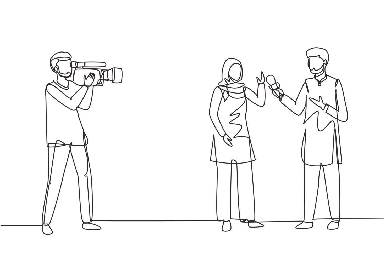 Single continuous line drawing Arabic journalist, operator interview television program, news. TV host, reporter, cameraman questioning woman. Video recording. One line draw design vector illustration