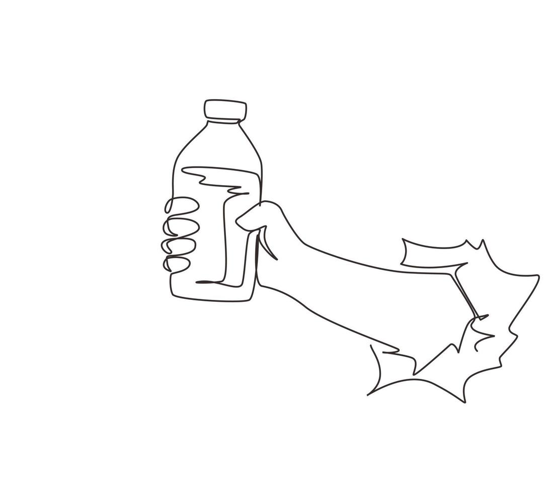 Single one line drawing hand holding fresh milk on bottle glass packaging healthy drink product through torn white paper. Fresh milk for health food. Continuous line draw design vector illustration