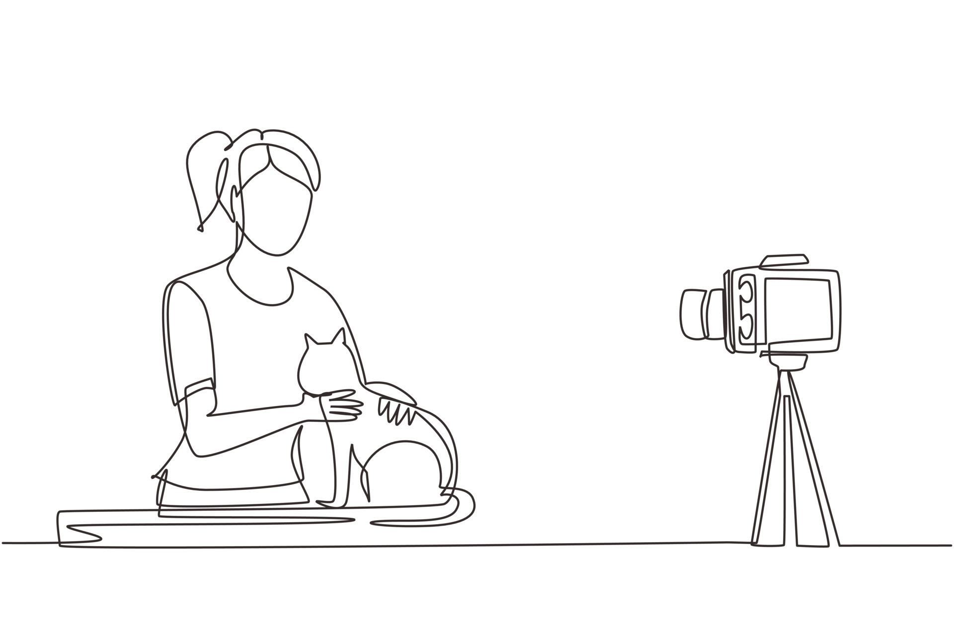 Continuous one line drawing vet blogger sitting in front of camera with  cats and recording video blog about animals, pets. Zoo psychologist  creating content for vlog. Single line draw design vector 8989907