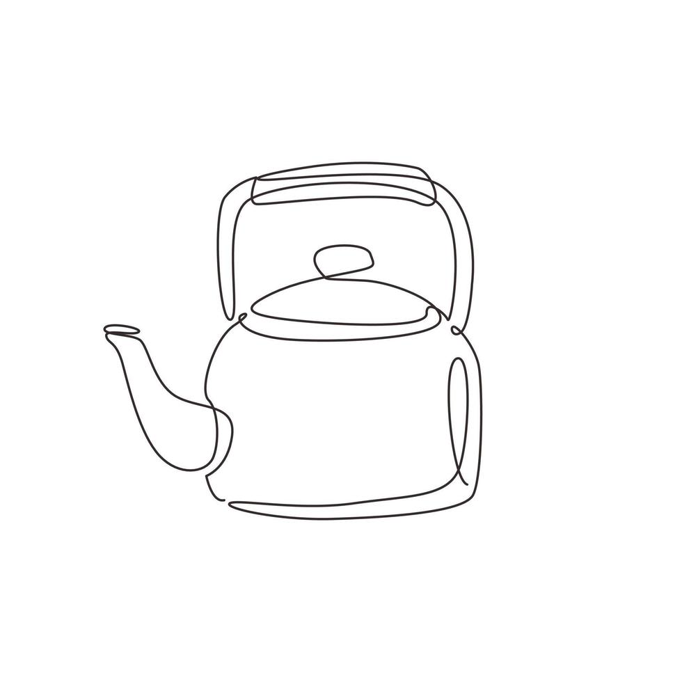 Single continuous line drawing Camping outdoor kettle with handle. Camping cooking equipment. Gas stove kettle. Camping kettle. Metal kitchen utensil for tea. one line draw design vector illustration