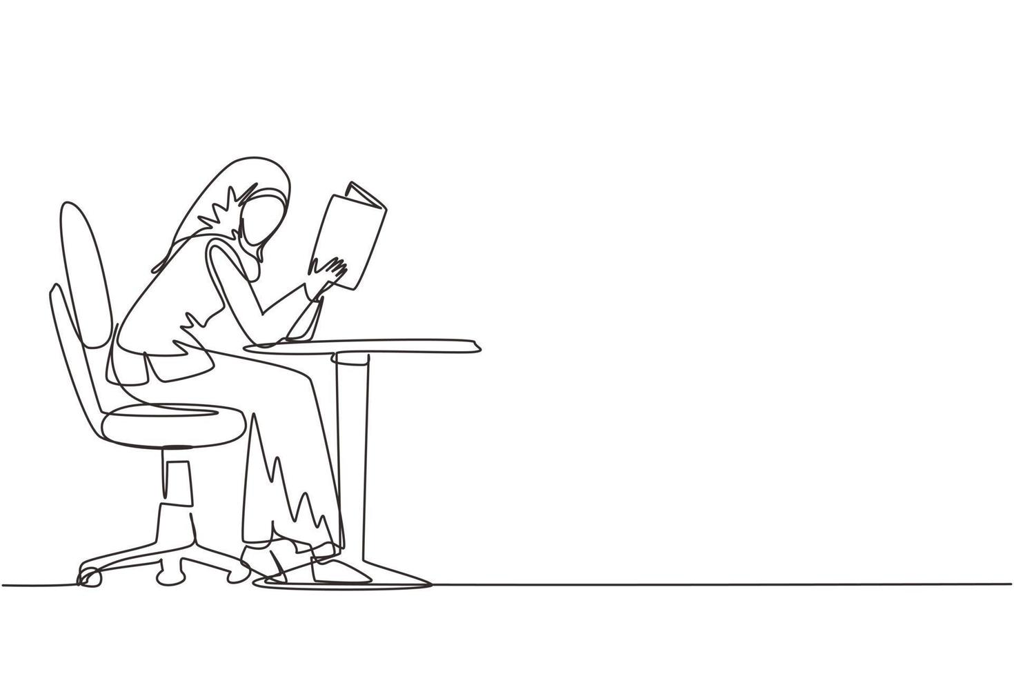 Continuous one line drawing Arab girl student reading book in library, bookshop and sitting on chair at table. People read and study education or pupil learning lesson. Single line draw design vector