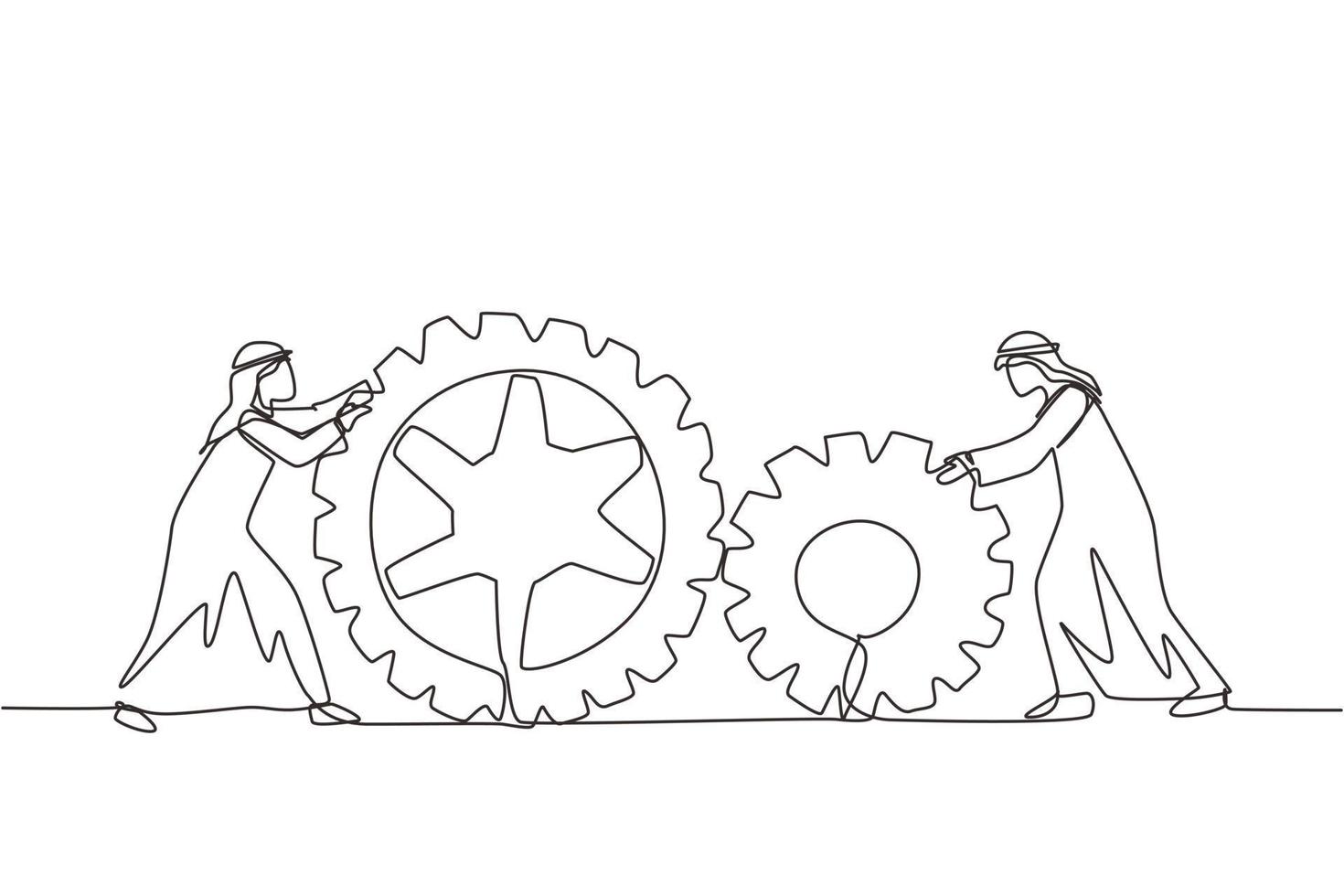 Continuous one line drawing two Arabic businessmen pushing big cogs together. Teamwork cooperation in gears mechanism. Men working on push gears, teamwork or leadership. Single line draw design vector
