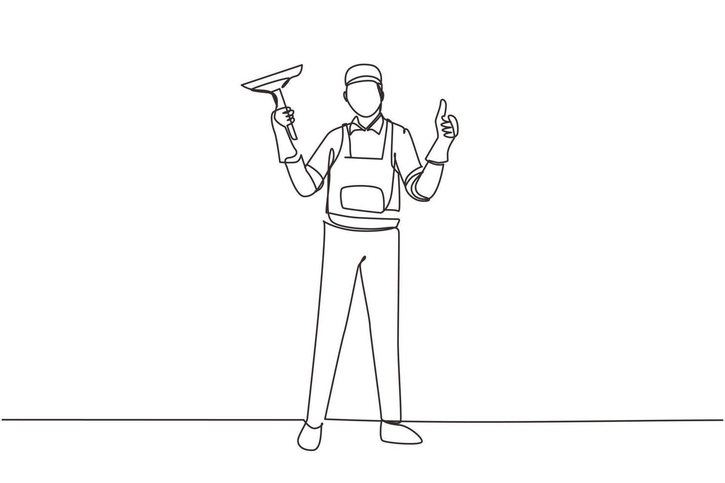 Continuous one line drawing window cleaner in uniform with professional equipment for cleaning windows. Man cleaning and rub windows of building using spray and wiper. Single line draw design vector