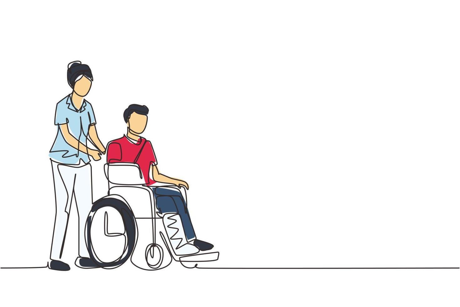 Continuous one line drawing disabled male with broken hand, leg riding wheelchair with nurse assistance. Man patient in traumatology hospital. Disability. Single line draw design vector illustration