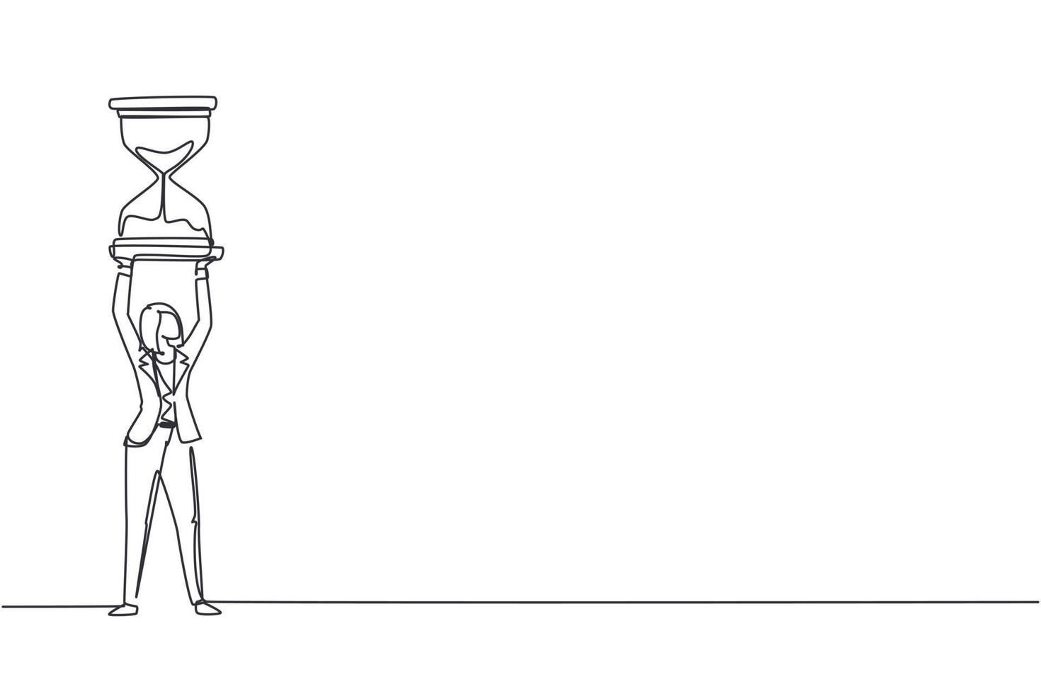 Single continuous line drawing businesswoman hold hourglass over her head. Business time management. Success, champion, victory, sandglass. Dynamic one line draw graphic design vector illustration