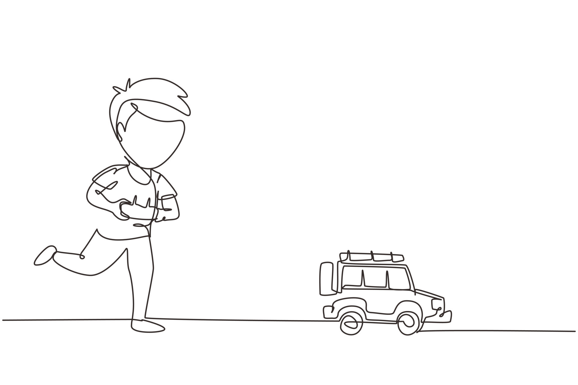 Continuous one line drawing boy playing with remotecontrolled off road