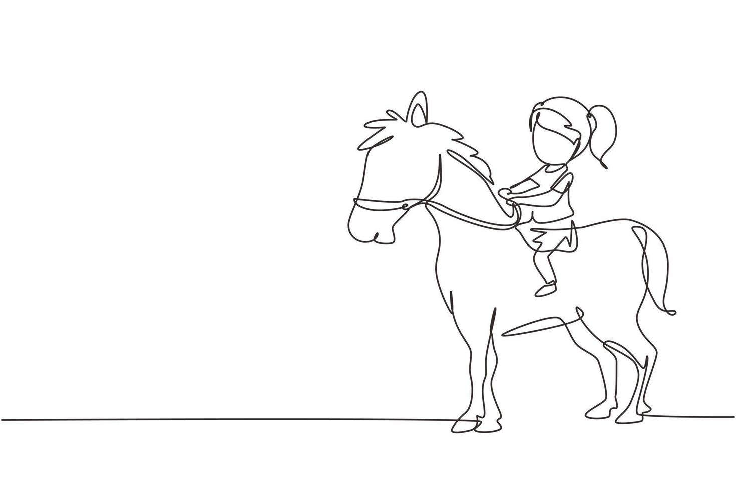 Single continuous line drawing happy cute girl riding cute horse. Child sitting on back horse with saddle in ranch park. Kids learning to ride horse. One line draw graphic design vector illustration