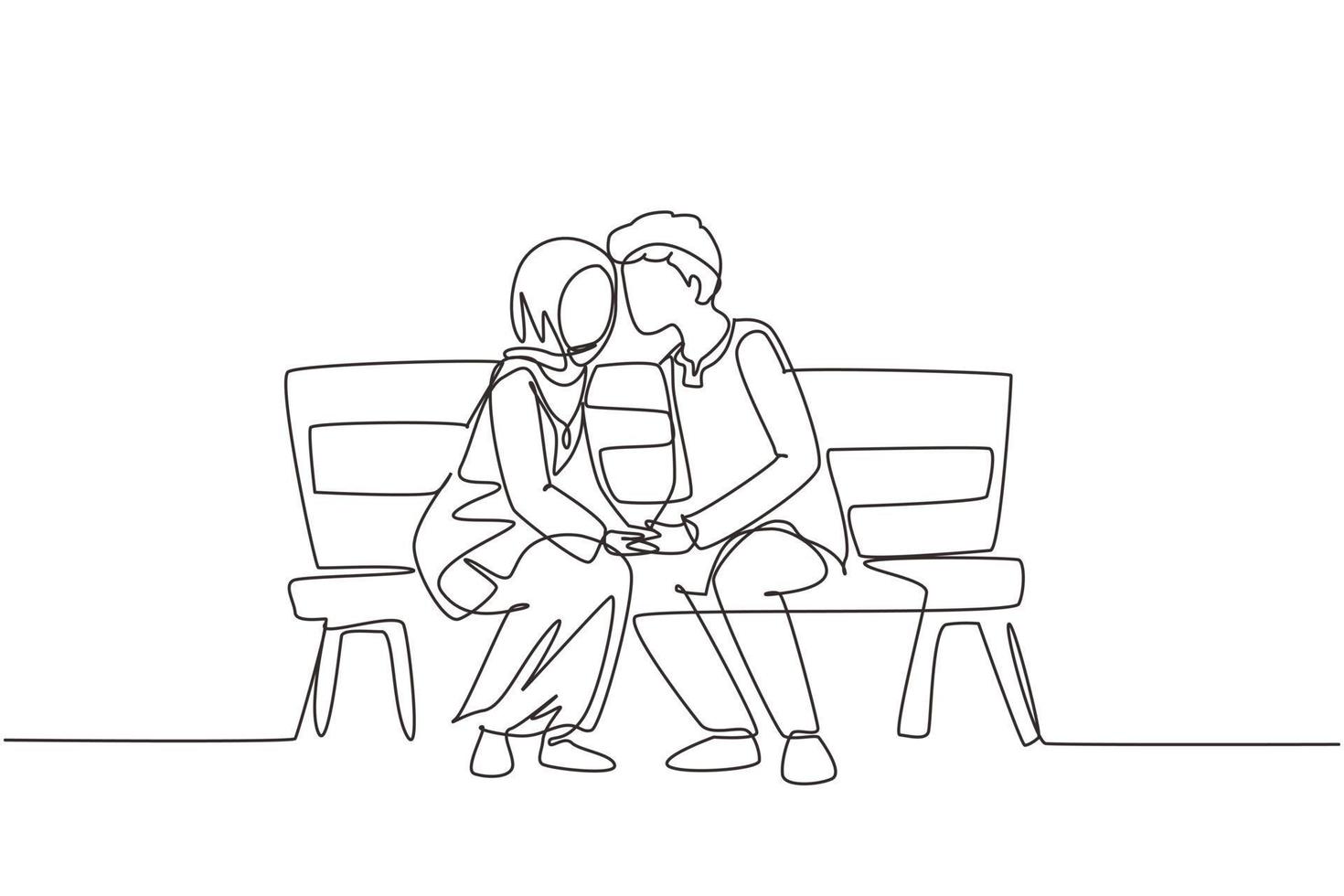 Continuous one line drawing kissing Arabian couple. Young man and woman  face to face sitting on