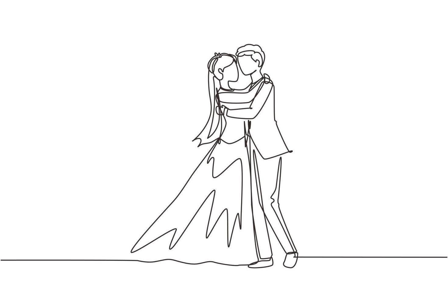 Single continuous line cute married couple in romantic pose. Happy man hugging his partner woman with wedding dress. Intimacy celebrates wedding party. One line draw graphic design vector illustration