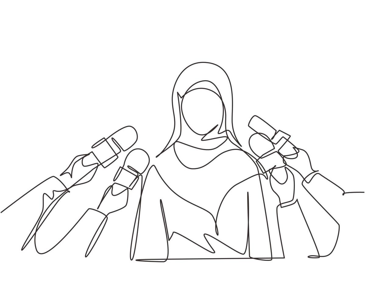 Continuous one line drawing Arab woman giving interview. Hands of journalists holds microphones. Concept of news, elections, interviews, comments, politics. Single line draw design vector illustration