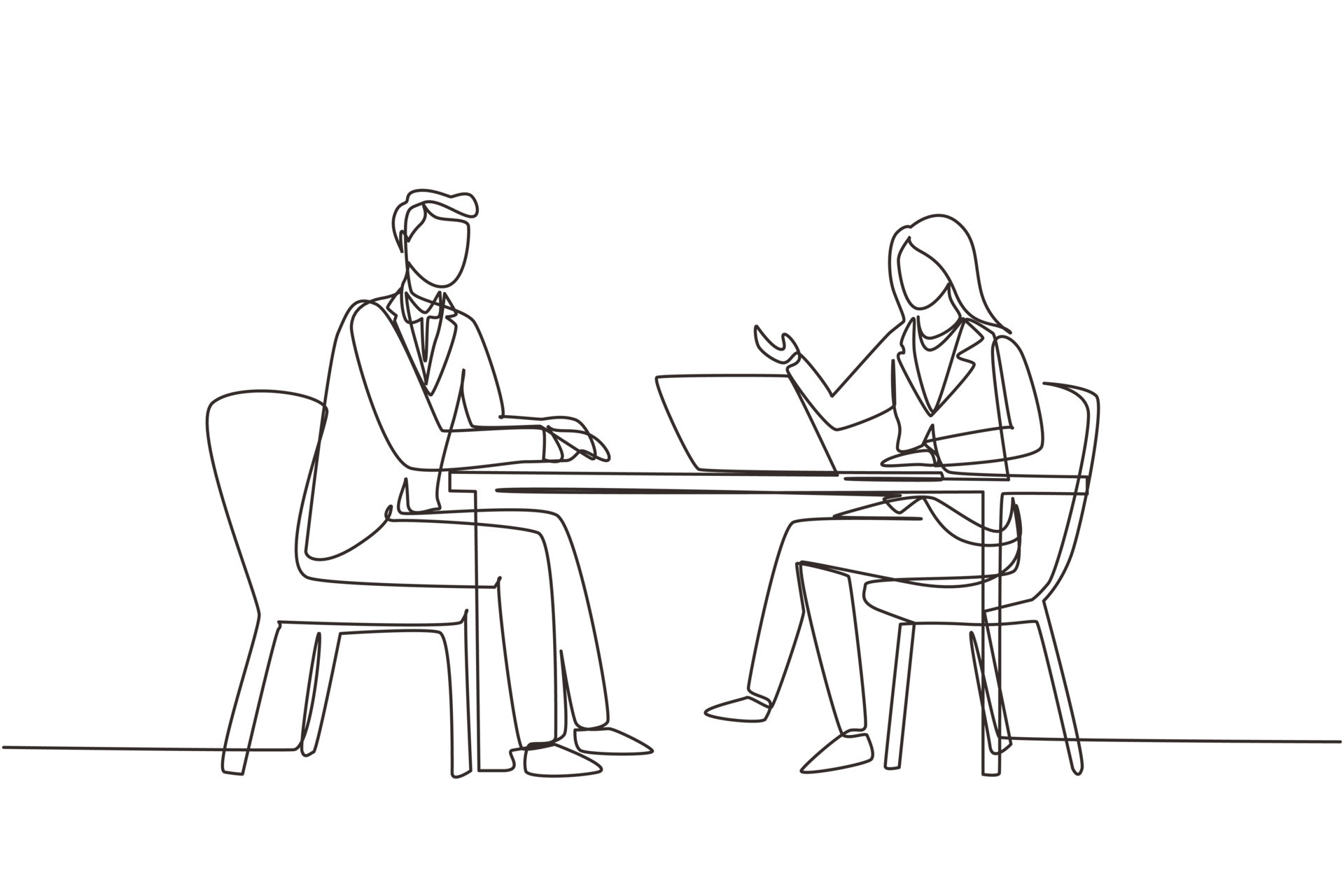 Single continuous line drawing woman journalist interviewing guy at