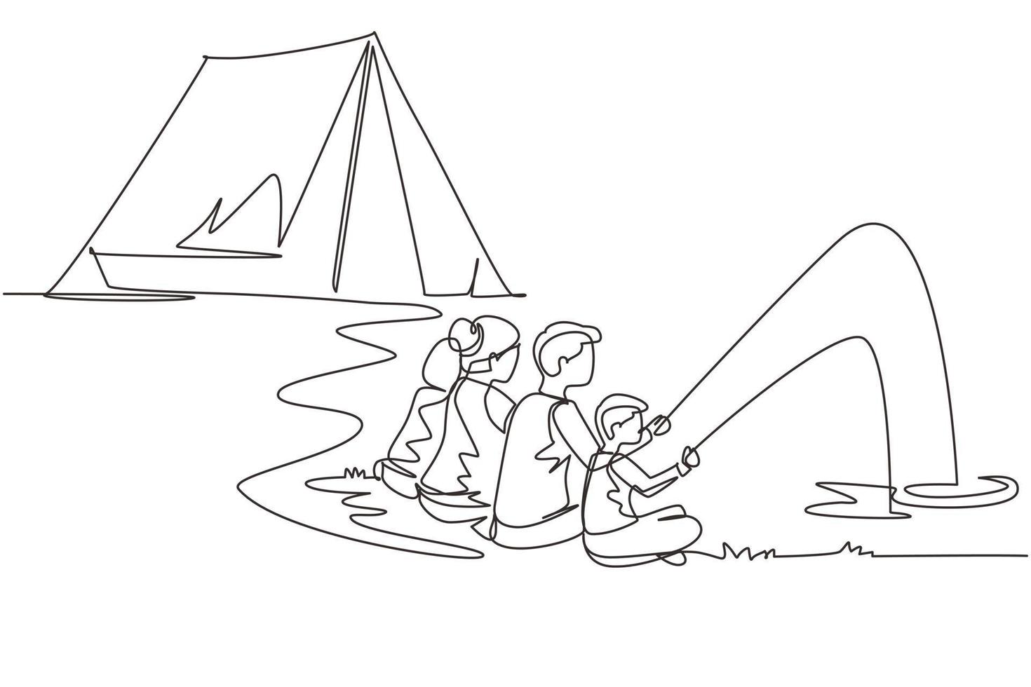 Continuous one line drawing happy family camping. Man, woman, children, family hikers fishing with fishing rod. Summer camper vacation near river in forest. Single line draw design vector illustration