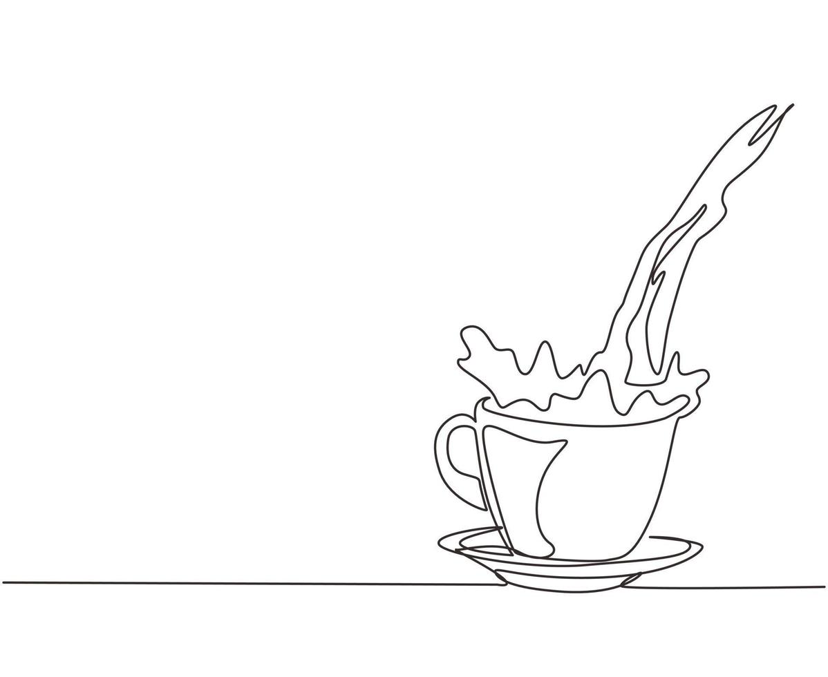 Continuous one line drawing pouring cup of black coffee creating splash. Coffee spilling out of cup. Pour coffee into porcelain glass with steam cup. Single line draw design vector illustration