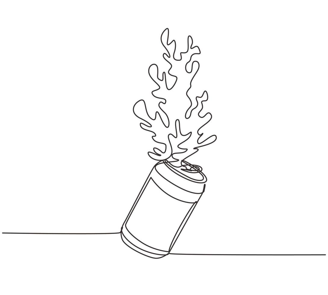 Continuous one line drawing cola splashing out of a aluminum can. Soda water splashing out of canned, fresh liquid or soda splash with fresh water drop. Single line draw design vector illustration