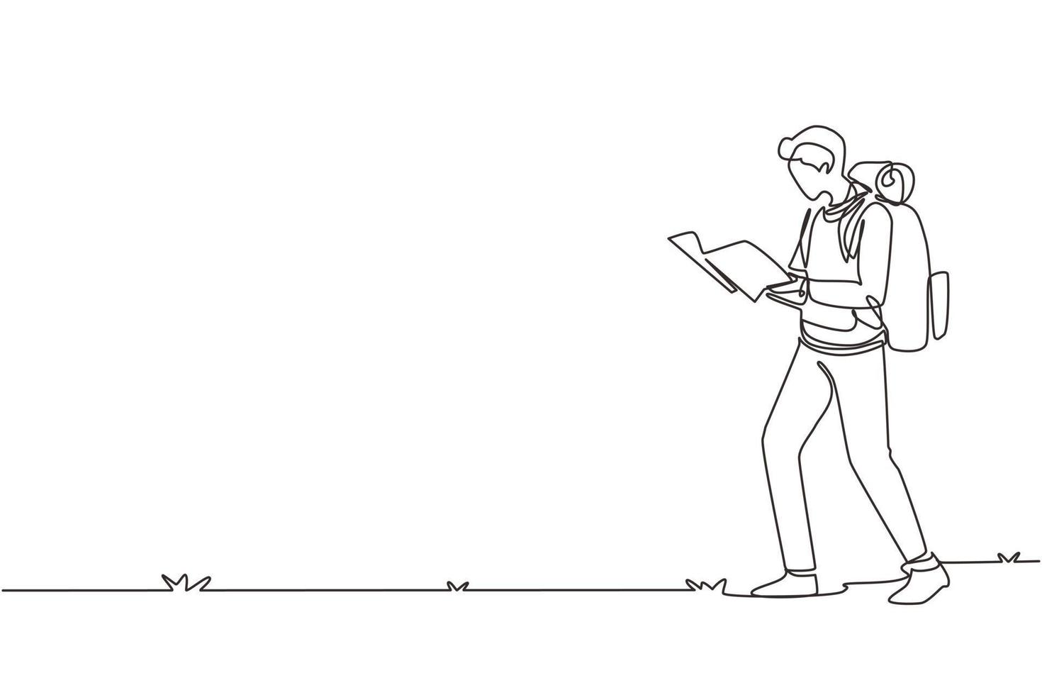 Continuous one line drawing man traveler with backpack and map walks to mountain. Tourist top goal achievement route. Male hiker outdoor and climbing peak. Single line draw design vector illustration