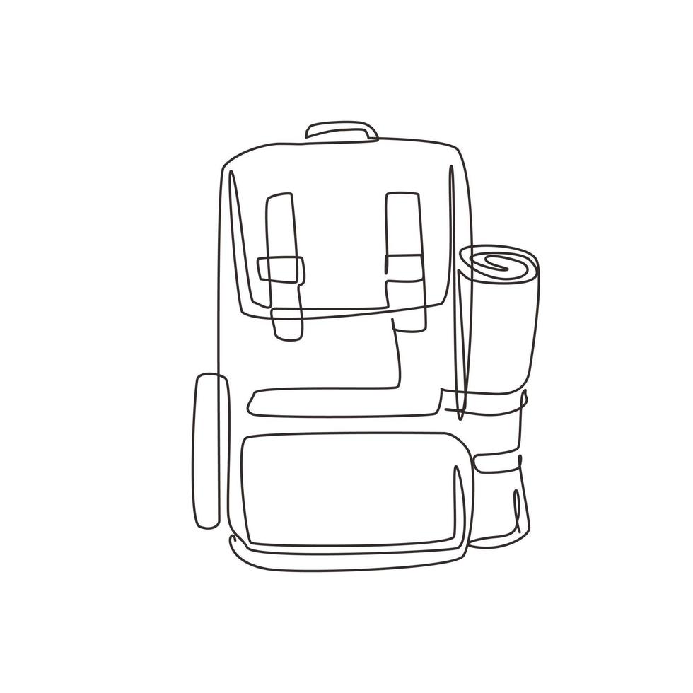 Single one line drawing hiking backpacks with sleeping bags. Camp, hike bags and knapsacks. Camping backpack for hiking, travel and tourism. Continuous line draw design graphic vector illustration