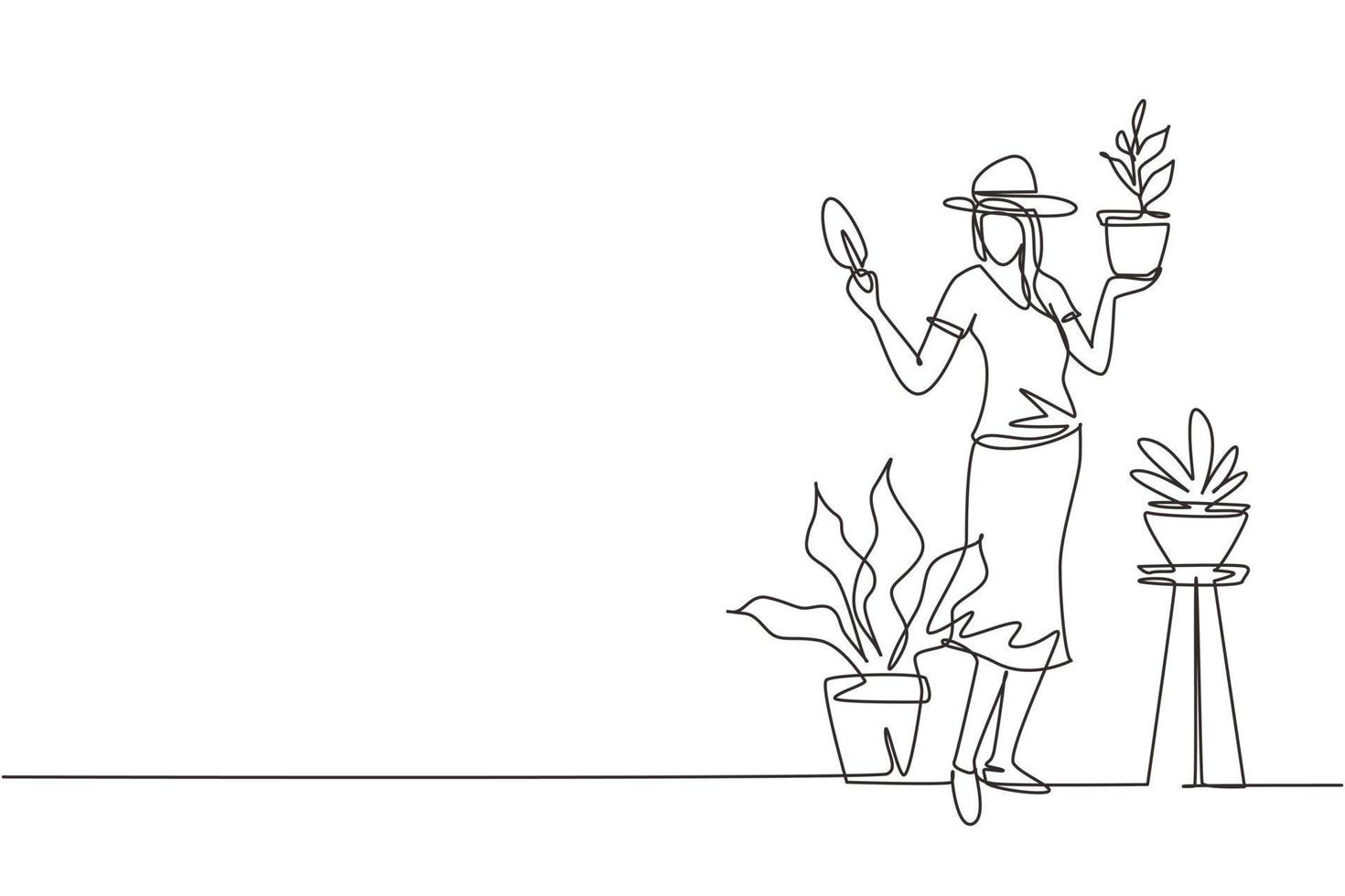 Single one line drawing woman gardener, florist working in botanical garden, home backyard, planting flower, holding little shovel. Rack, plant in pots. Continuous line draw design vector illustration