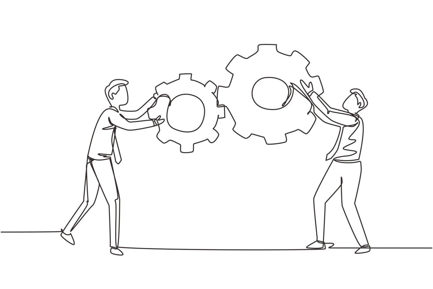 Continuous one line drawing teamwork cooperation in gears mechanism. Two businessmen engaged in business direction to successful. Huge cogwheel machine. Single line draw design vector illustration