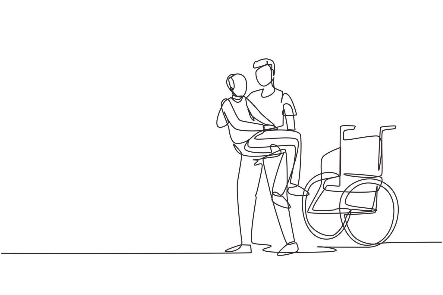 Single continuous line drawing loving son took his old disabled father from wheelchair carrying him in his arms. Happy senior man in hugs of his strong child. One line draw design vector illustration