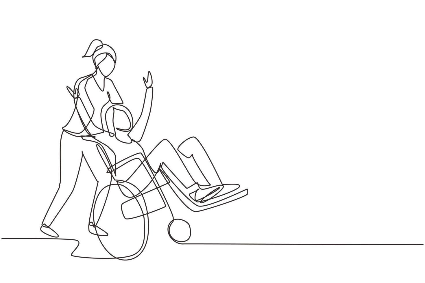 Continuous one line drawing young female volunteer helps disabled old woman, riding on wheelchair in park. Family care, volunteerism, disability care concept. Single line draw design vector graphic