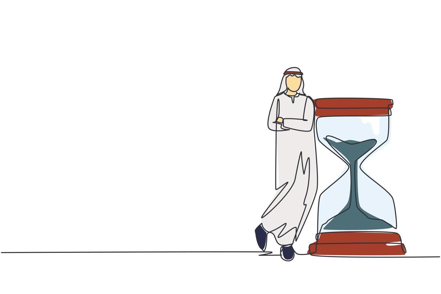 dibujo continuo de una línea hombre de negocios árabe se apoya en un enorme reloj de arena gigante. el tiempo es dinero concepto de inversión financiera. metáfora conceptual de la gestión del tiempo. ilustración de vector de diseño de dibujo de una sola línea