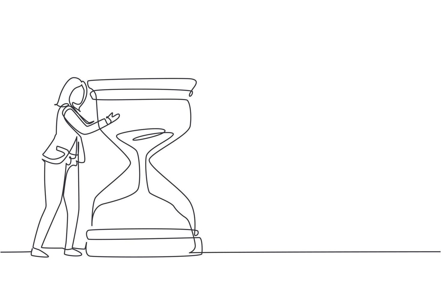 Continuous one line drawing confident young happy businesswoman hugging on huge hourglass. Time management or successfully task organizing concept. Single line draw design vector graphic illustration